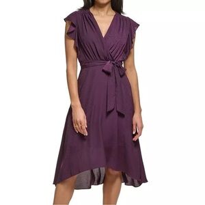 NWT DKNY Flutter Short Sleeve V-Neck Tie Waist Back Zip Midi Dress Size 4